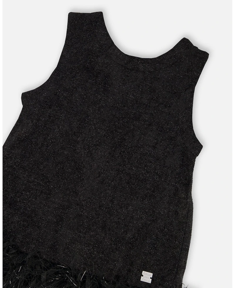 Deux par Toddler Girls Sleeveless Bi-Material Lurex Dress with Feathers Black - Toddler|Child