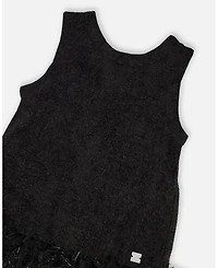 Deux par Toddler Girls Sleeveless Bi-Material Lurex Dress with Feathers Black - Toddler|Child