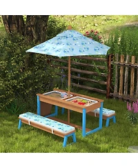 Qaba Kids Picnic Table, Wooden Table and Bench Set with Umbrella,