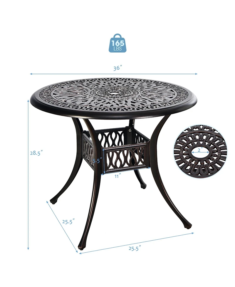 Gymax 36'' Outdoor Round Dining Table Cast Aluminum Patio Bistro Table w/ Umbrella Pole