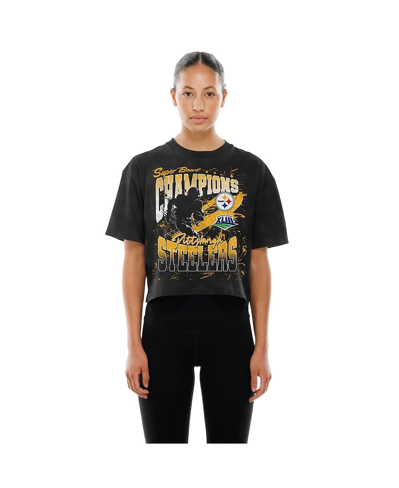 New Era Women's Black Pittsburgh Steelers Cropped Boxy Sport Classics Mineral Wash T-Shirt