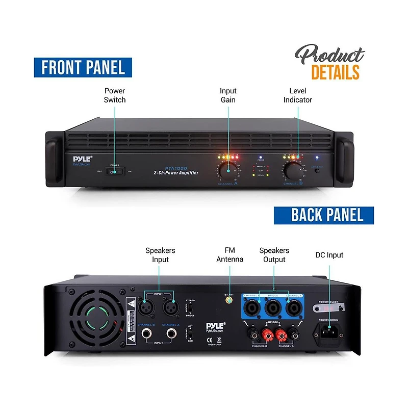 Pyle Bluetooth Pro Audio Power Amplifier - 2-Channel Rack Mount Bridgeable Sound Amplifier (1000 Watt)