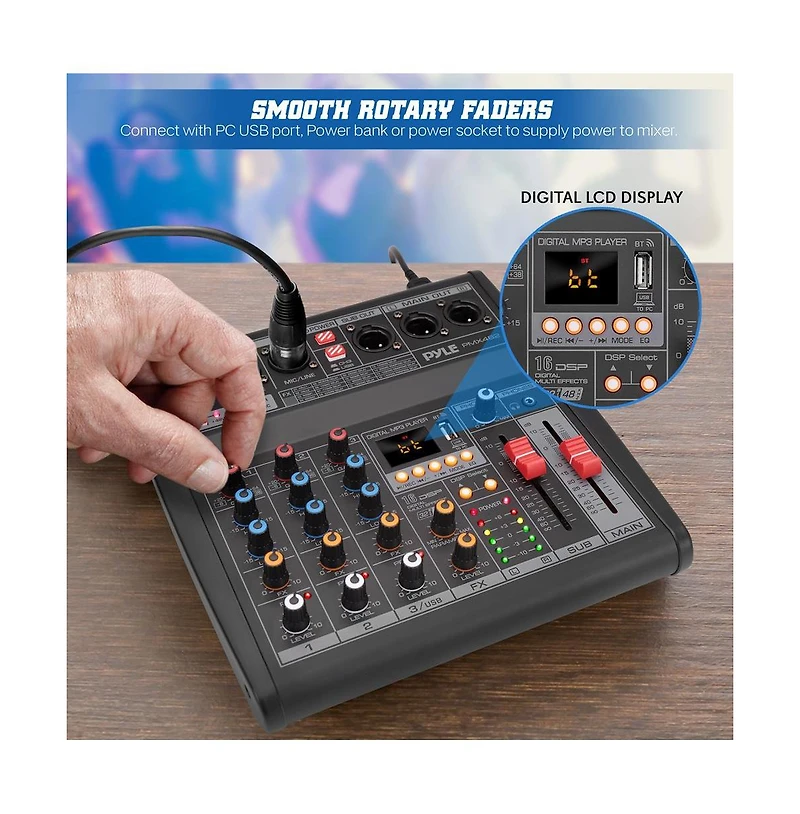 Pyle 3-Channel Audio Mixer With Usb Interface, Built-in Fx Processor, MP3 Player, Xlr & 6.35 Jack Connectors