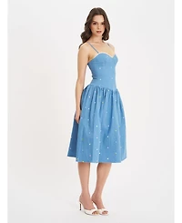 Miss Circle Women's Zadie Cotton Denim Drop Waist Embroidery Flower Midi Dress