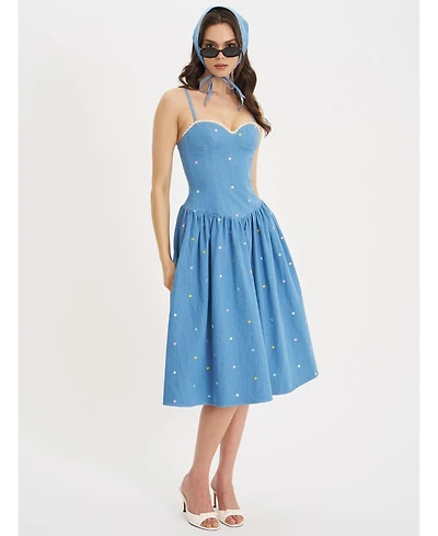 Miss Circle Women's Zadie Cotton Denim Drop Waist Embroidery Flower Midi Dress