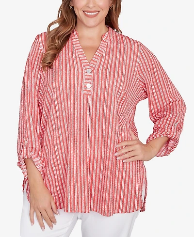 Ruby Rd. Plus Size Crinkle Knit Striped Henley Top