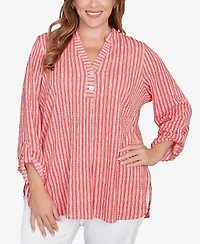 Ruby Rd. Plus Size Crinkle Knit Striped Henley Top