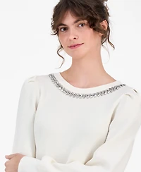 Ak Anne Klein Women's Embellished Puff-Sleeve Sweater