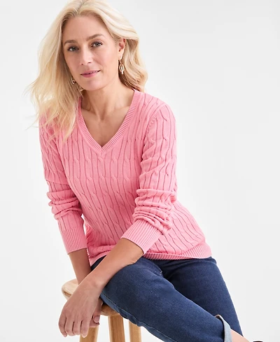 Style & Co Women's Cotton Cable-Knit V-Neck Sweater, Created for Macy's
