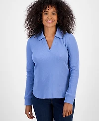 Style & Co Women's Waffle-Knit Long-Sleeve Polo Top, Macy's Exclusive