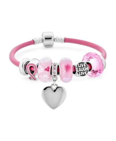 Bling Jewelry Support Breast Cancer Survivor Pink Ribbon Bead Charm Leather Bracelet .925 Silver
