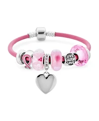 Bling Jewelry Support Breast Cancer Survivor Pink Ribbon Bead Charm Leather Bracelet .925 Silver