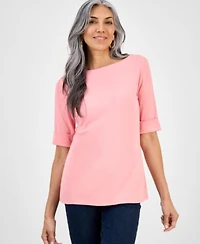 Style Co Womens Boat Neck Elbow Sleeve Cotton Top Pxs 4x Exclusively At Macys