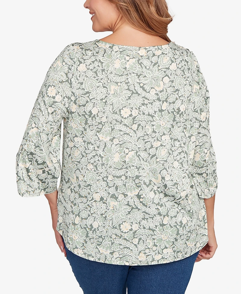 Ruby Rd. Plus Floral Dew Drop Ruched Sleeves Top