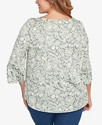 Ruby Rd. Plus Floral Dew Drop Ruched Sleeves Top