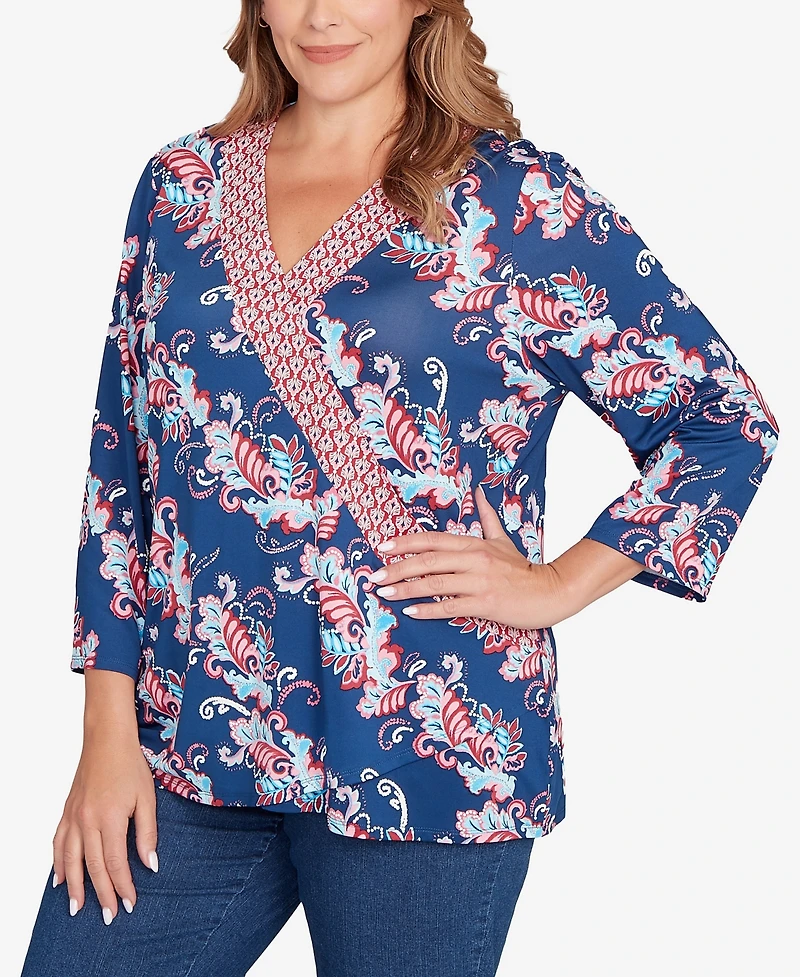 Ruby Rd. Plus Ikat Floral Puff Print Surplice Top