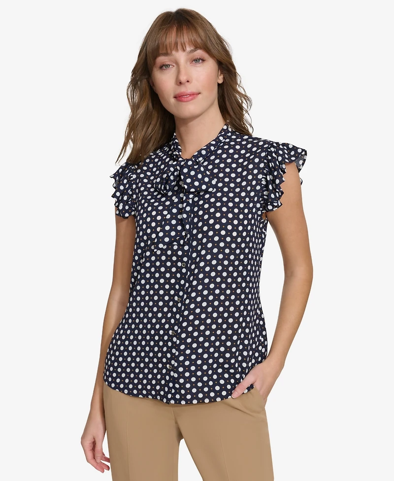 Tommy Hilfiger Women's Double Dot Ruffle Sleeve Bow Blouse