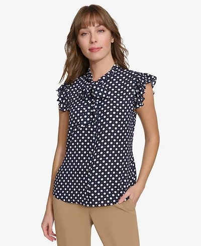 Tommy Hilfiger Women's Double Dot Ruffle Sleeve Bow Blouse