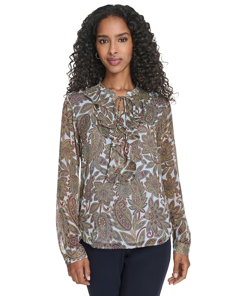 Tommy Hilfiger Women's Paisley Ruffle Long Sleeve Blouse