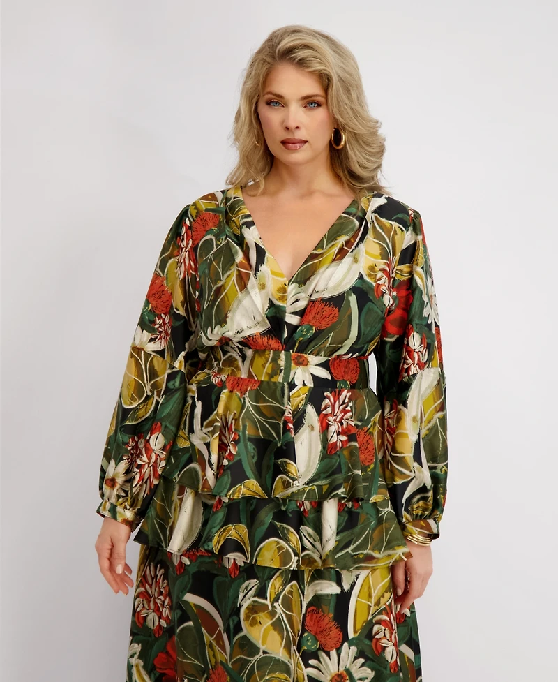 Siena Plus Long-Sleeve Tiered Satin Maxi Dress