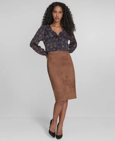 Tommy Hilfiger Womens Posy Ruffle Long Sleeve Blouse Scuba Sueded Knee Length Pencil Skirt