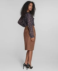 Tommy Hilfiger Womens Posy Ruffle Long Sleeve Blouse Scuba Sueded Knee Length Pencil Skirt