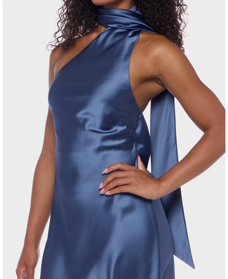 Alex & Sophia Juniors' Scarf-Neck One-Shoulder Satin Bodycon Dress