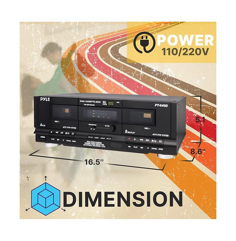 Pyle Dual Cassette Deck - Double Cassette Tape System for Mixtape Recording, CrO2 Tape Selector, High-Speed Dubbing