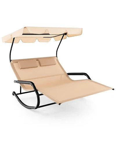 Gymax Outdoor 2-Person Double Rocking Chaise Lounge w/ Canopy & Wheels Metal Frame