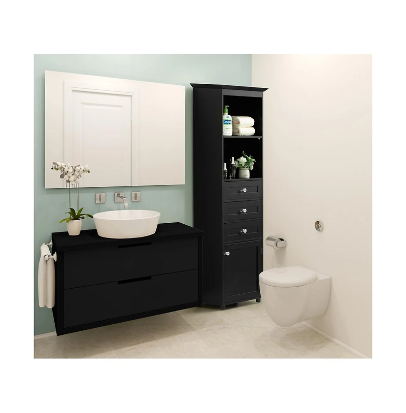 Basicwise Tall Freestanding Storage Organizer Linen Tower, Vanity Closet, Bathroom Cabinet with 2 Open shelves, 3 Drawers, and a White