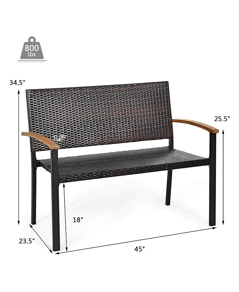 Gymax Set of 2 Patio Wicker Bench All Weather Rattan Chair Loveseat w/ Acacia Armrest