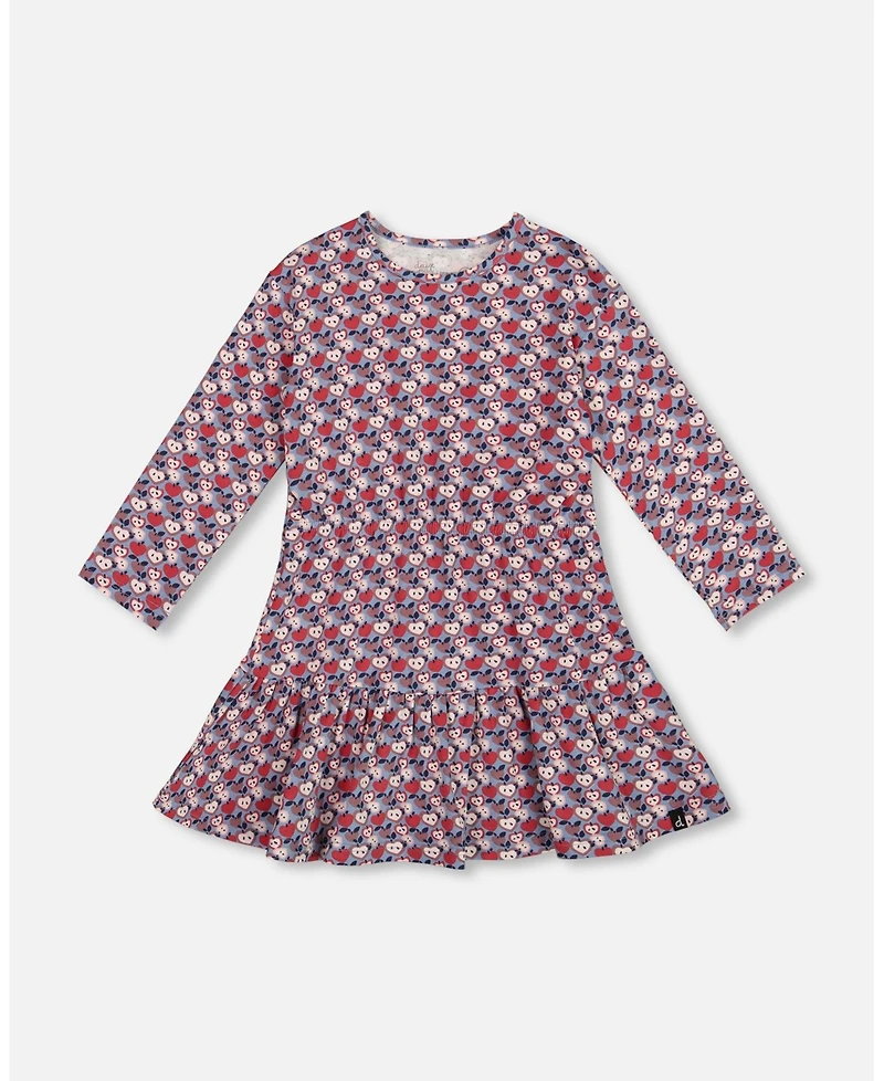 Deux par Girl Cotton Dress with Flounce Hem Blue Apple Print