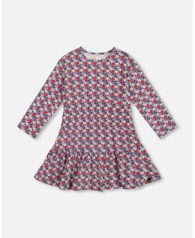 Deux par Girl Cotton Dress with Flounce Hem Blue Apple Print - Child