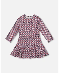 Deux par Girl Cotton Dress with Flounce Hem Blue Apple Print