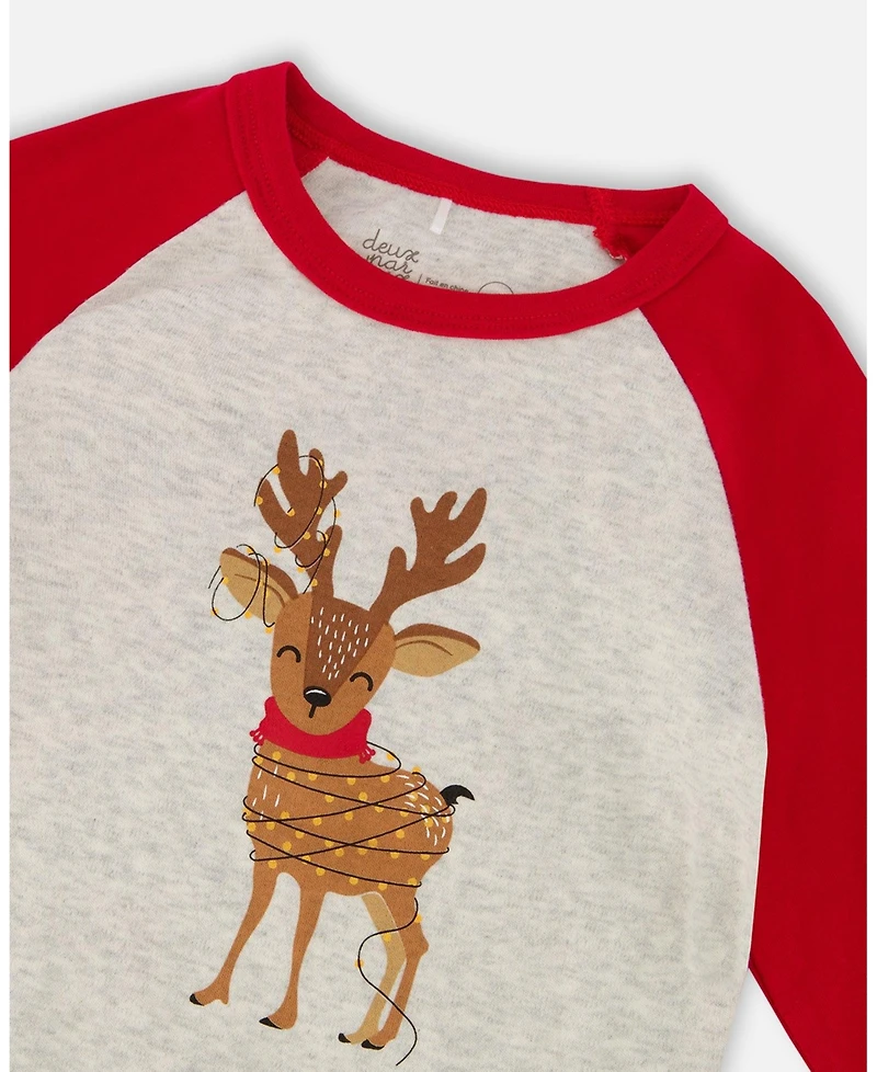 Deux par Baby Boys Two-Piece Cotton Pajama Set Beige Reindeer Print