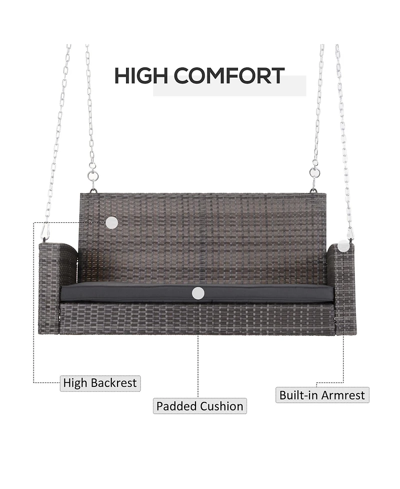 Flynama 2 Person Wicker Hanging Swing Bench, Front Porch Swing Outdoor Chair with Cushions 550 lbs. Weight Capacity for Backyard, Garden, Grey
