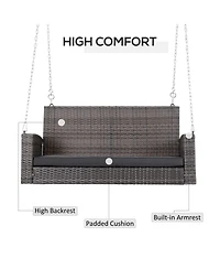 Flynama 2 Person Wicker Hanging Swing Bench, Front Porch Swing Outdoor Chair with Cushions 550 lbs. Weight Capacity for Backyard, Garden, Grey