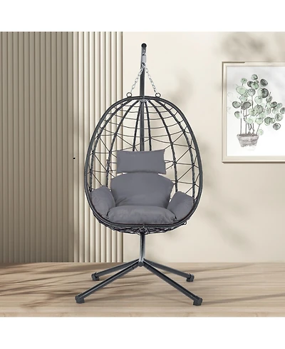 Flynama Egg Chair with Stand Indoor Outdoor Swing Chair Patio Wicker Hanging Egg Chair Hanging Basket Chair Hammock Chair with Stand for Bedroom Livin