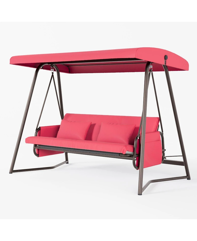 Flynama Outdoor Patio 3 seaters Metal Swing Chair Swing bed with Cushion and Adjustable Canopy Red Color