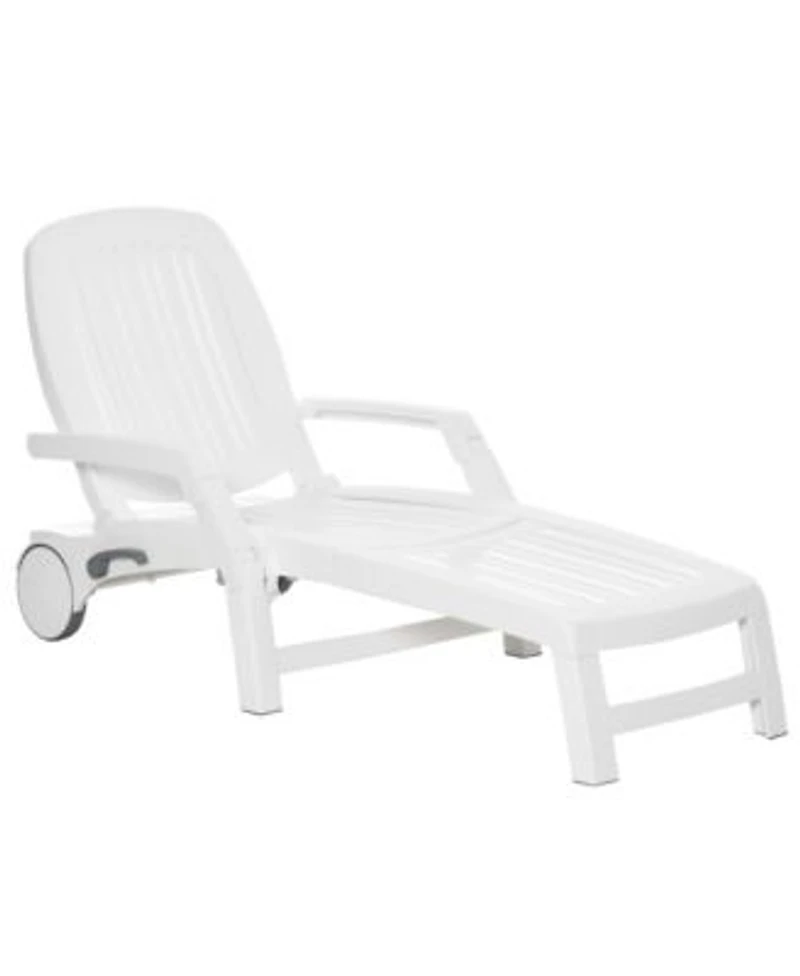 Outdoor Chaise Lounge Chair On Wheels With Storage Box Waterproof Lounger With Quick Assembly Folding Design 5 Level Adjustable Backrest For Pool Beach Patio Garden White