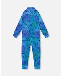Deux par Big Boys Two-Piece Thermal Underwear Set Blue Gradient Dinosaur Print