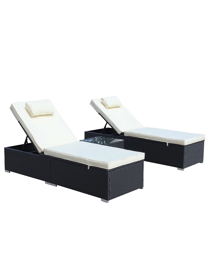 Flynama 3-Piece Outdoor Patio Furniture Set Chaise Lounge, Patio Reclining Rattan Lounge Chair Chaise Couch Cushioned with Glass Coffee Table, Adjusta