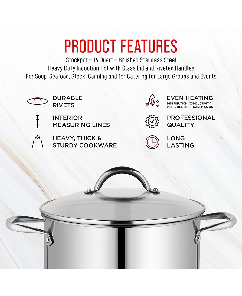 Bakken-Swiss Deluxe 16-Quart Stainless Steel Stockpot w/Tempered Glass See-Through Lid - Simmering Delicious Soups Stews & Induction Cooking