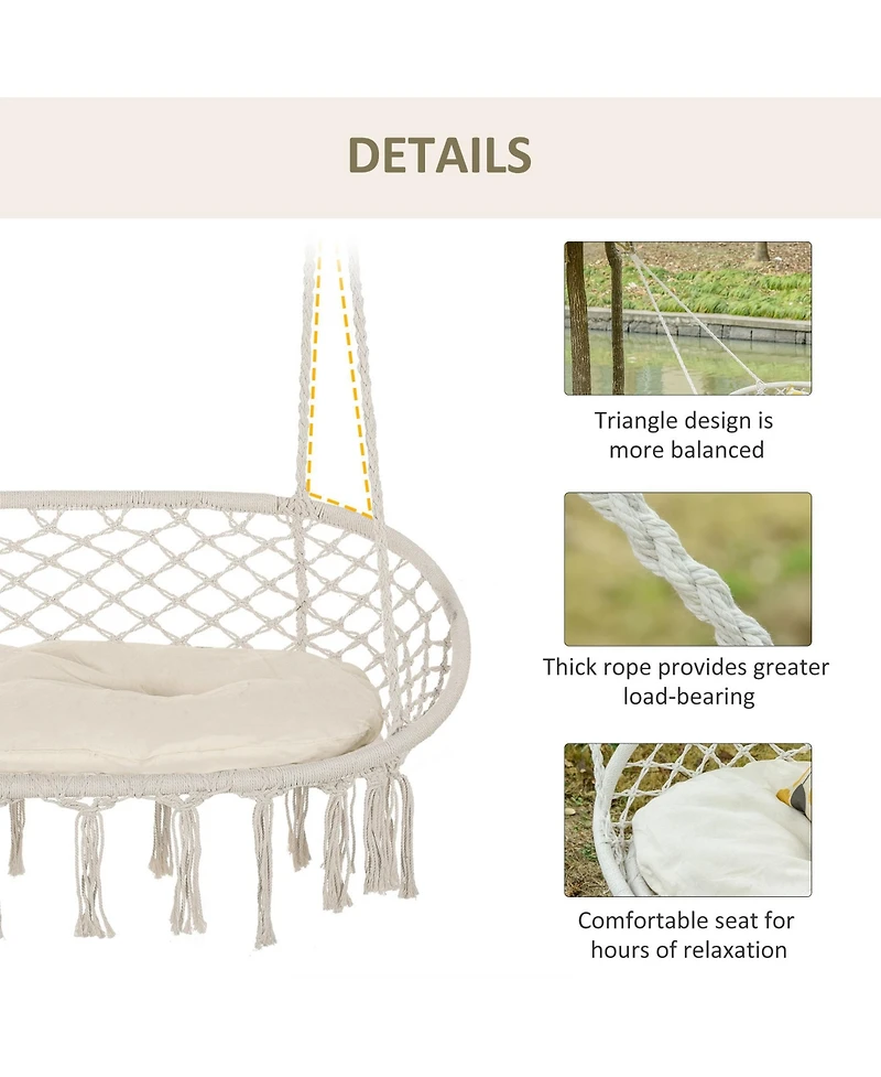 Flynama 2-Person Hammock Chair Macrame Swing with Soft Cushion, Hanging Cotton Rope Chair for Indoor Outdoor Home Patio Backyard, White