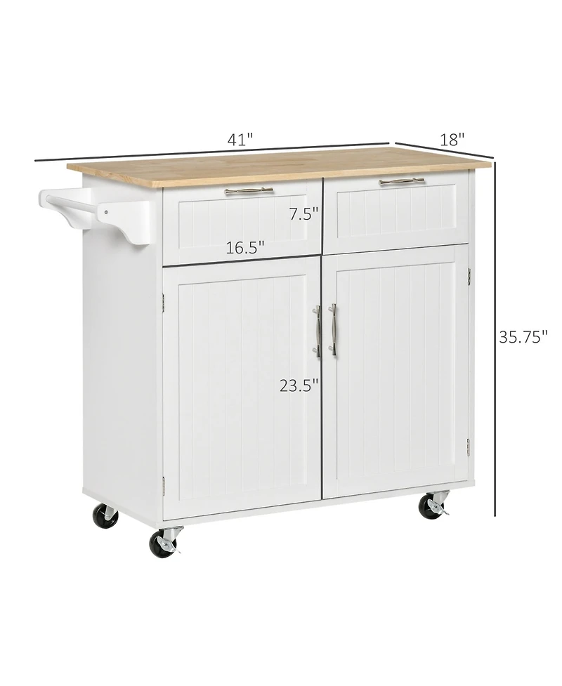 Halifax North America White Kitchen Island: 41" Rolling Cart with Rubberwood Top and Drawers