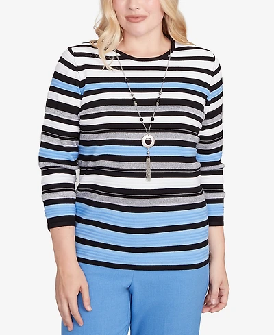 Alfred Dunner Women's Textured Stripe Sweater with Necklace
