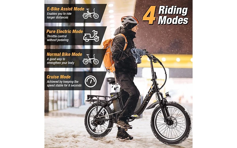 Hitway Folding Electric Bicycle for Adults with 20-Inch Fat Tires Snow E-Bike