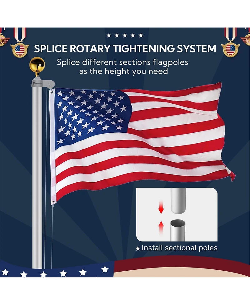 Yescom Bravery 20ft Eagle Topper Sectional Aluminum Flag Pole Kit with Solar Light Us Flag Ball Top for Outside, Silver