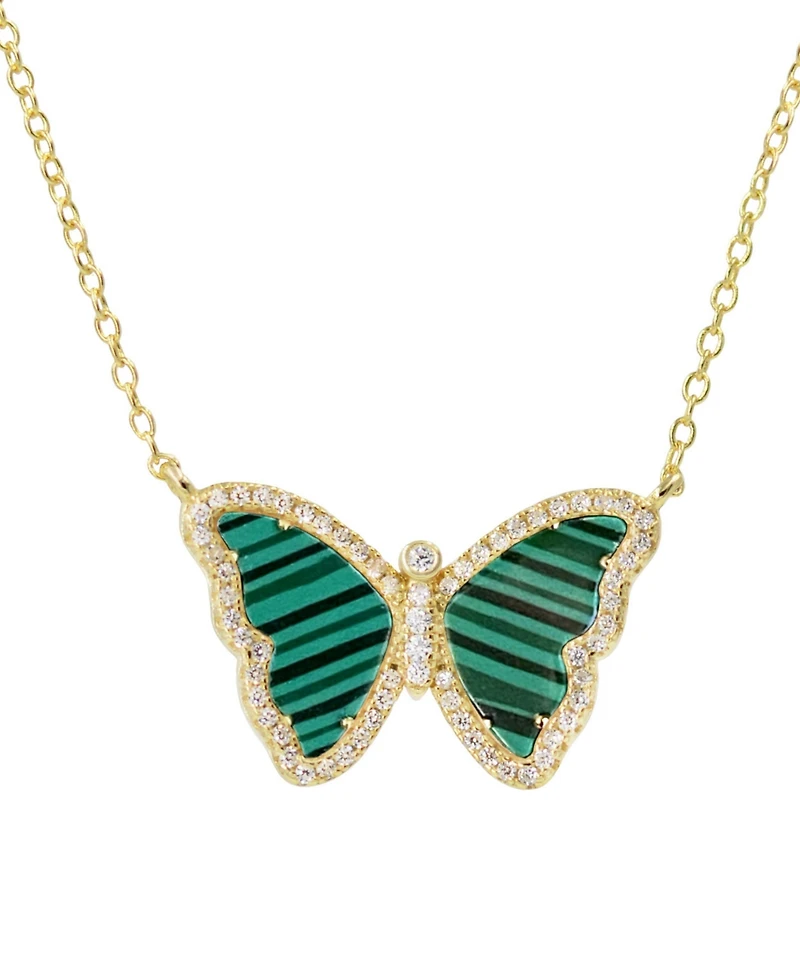 Butterfly Necklace with Imitation Malachite in 14k Gold Plated Sterling Silver