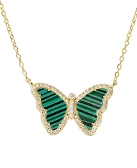 Butterfly Necklace with Imitation Malachite in 14k Gold Plated Sterling Silver